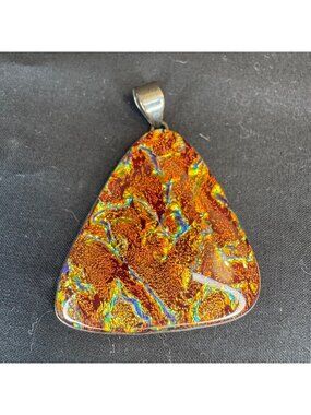 Sterling Silver 925 Artisan Glass Bezel Set Triangle Statement Pendant Size 2.5"